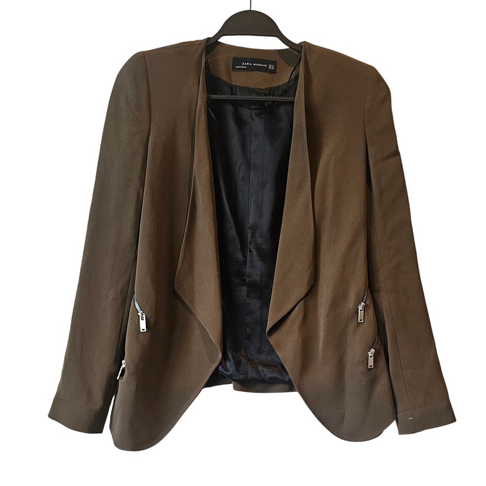Zara Woman Olive Green Draped Open‎ Front Blazer Zipper Detail XS